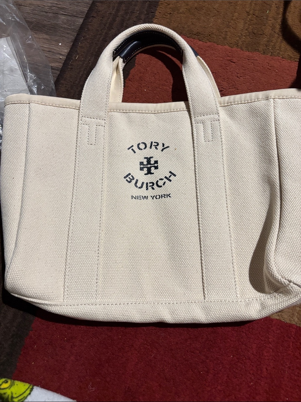 Tory Burch Cream Canvas Tote with Navy Logo
